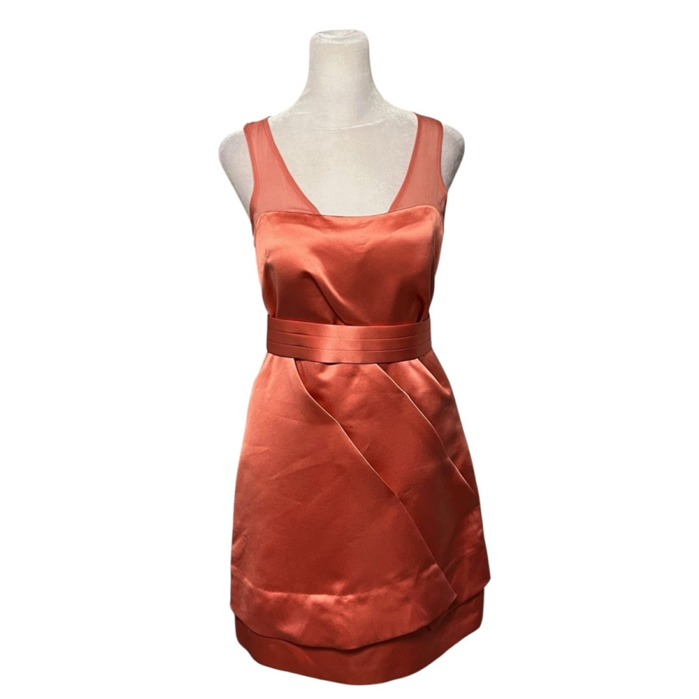 Max & Cleo Coral Satin Sheer Strap Dress Size 4 NWOT